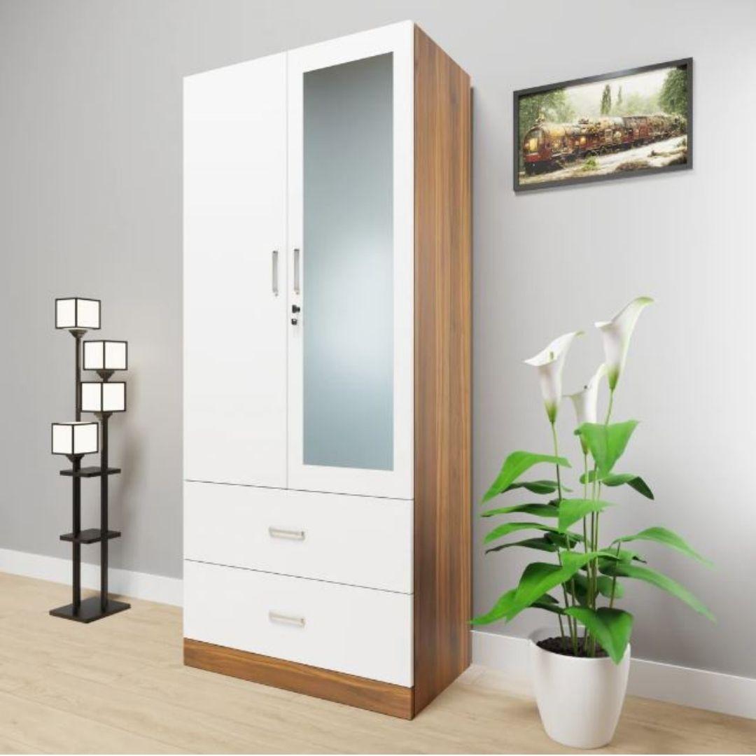 Ekon Engineered Wood 2 Door Wardrobe in White & Walnut Colour